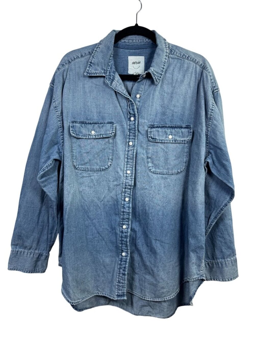 Aerie Denim Button Up Shirt Light Wash Distressed Relaxed Fit Long Sleeve Small